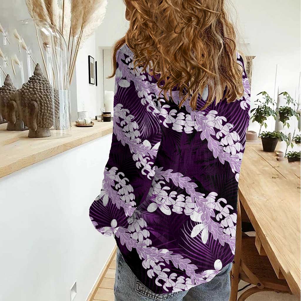 Puakenikeni Maile Lei Women Casual Shirt Frangipani Purple Tropical Leaves