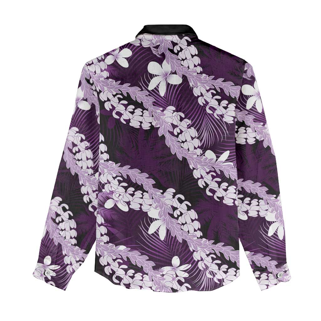 Puakenikeni Maile Lei Women Casual Shirt Frangipani Purple Tropical Leaves