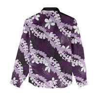 Puakenikeni Maile Lei Women Casual Shirt Frangipani Purple Tropical Leaves