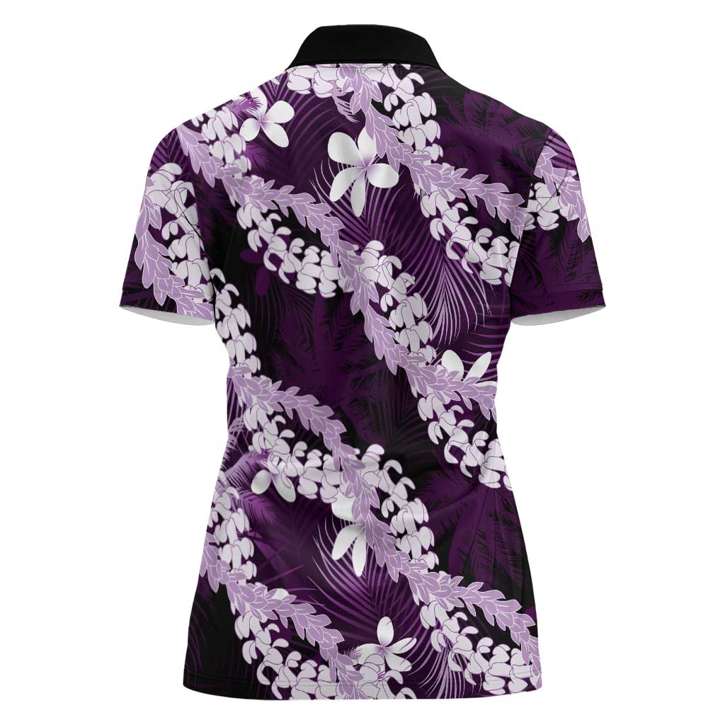 Puakenikeni Maile Lei Women Polo Shirt Frangipani Purple Tropical Leaves