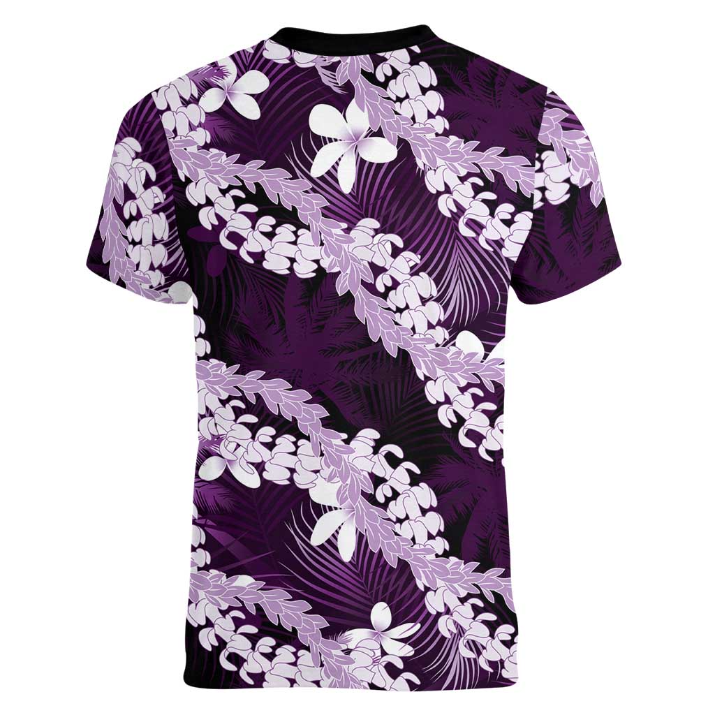 Puakenikeni Maile Lei Women V-Neck T-Shirt Frangipani Purple Tropical Leaves