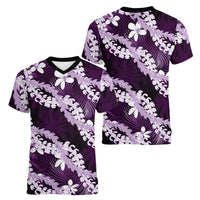 Puakenikeni Maile Lei Women V-Neck T-Shirt Frangipani Purple Tropical Leaves