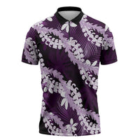 Puakenikeni Maile Lei Zipper Polo Shirt Frangipani Purple Tropical Leaves