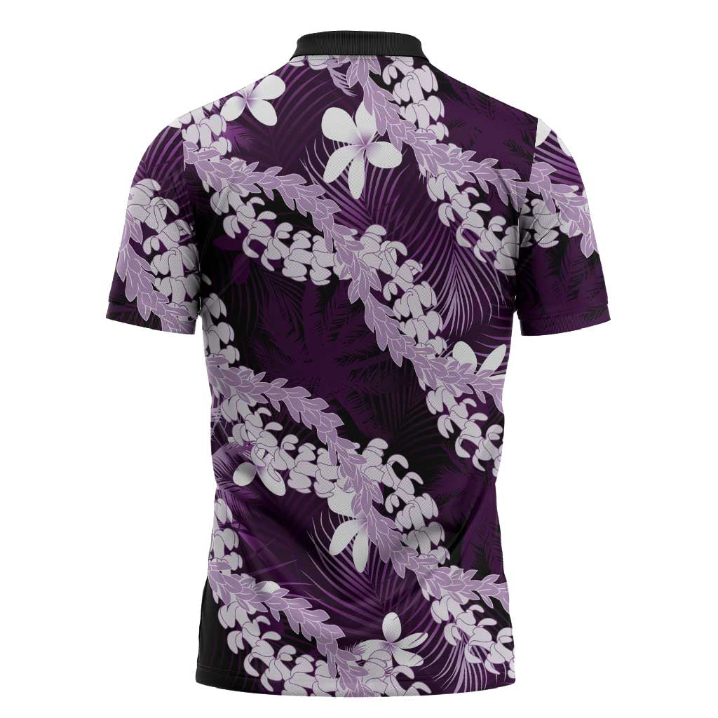 Puakenikeni Maile Lei Zipper Polo Shirt Frangipani Purple Tropical Leaves