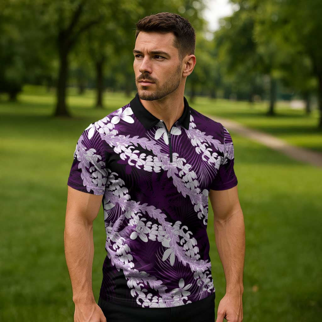 Puakenikeni Maile Lei Zipper Polo Shirt Frangipani Purple Tropical Leaves