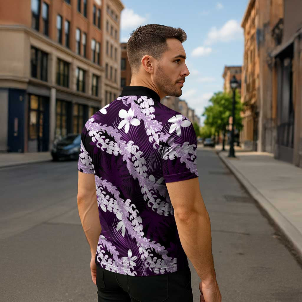 Puakenikeni Maile Lei Zipper Polo Shirt Frangipani Purple Tropical Leaves