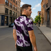 Puakenikeni Maile Lei Zipper Polo Shirt Frangipani Purple Tropical Leaves