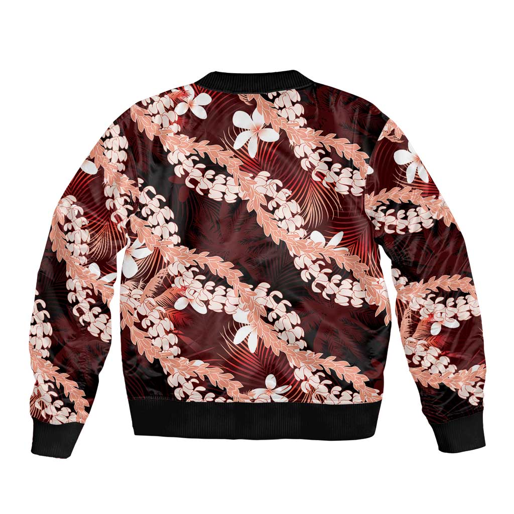 Puakenikeni Maile Lei Bomber Jacket Frangipani Red Tropical Leaves LT01 - Polynesian Pride