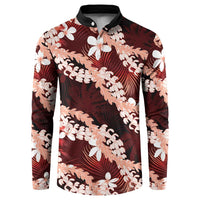 Puakenikeni Maile Lei Button Sweatshirt Frangipani Red Tropical Leaves