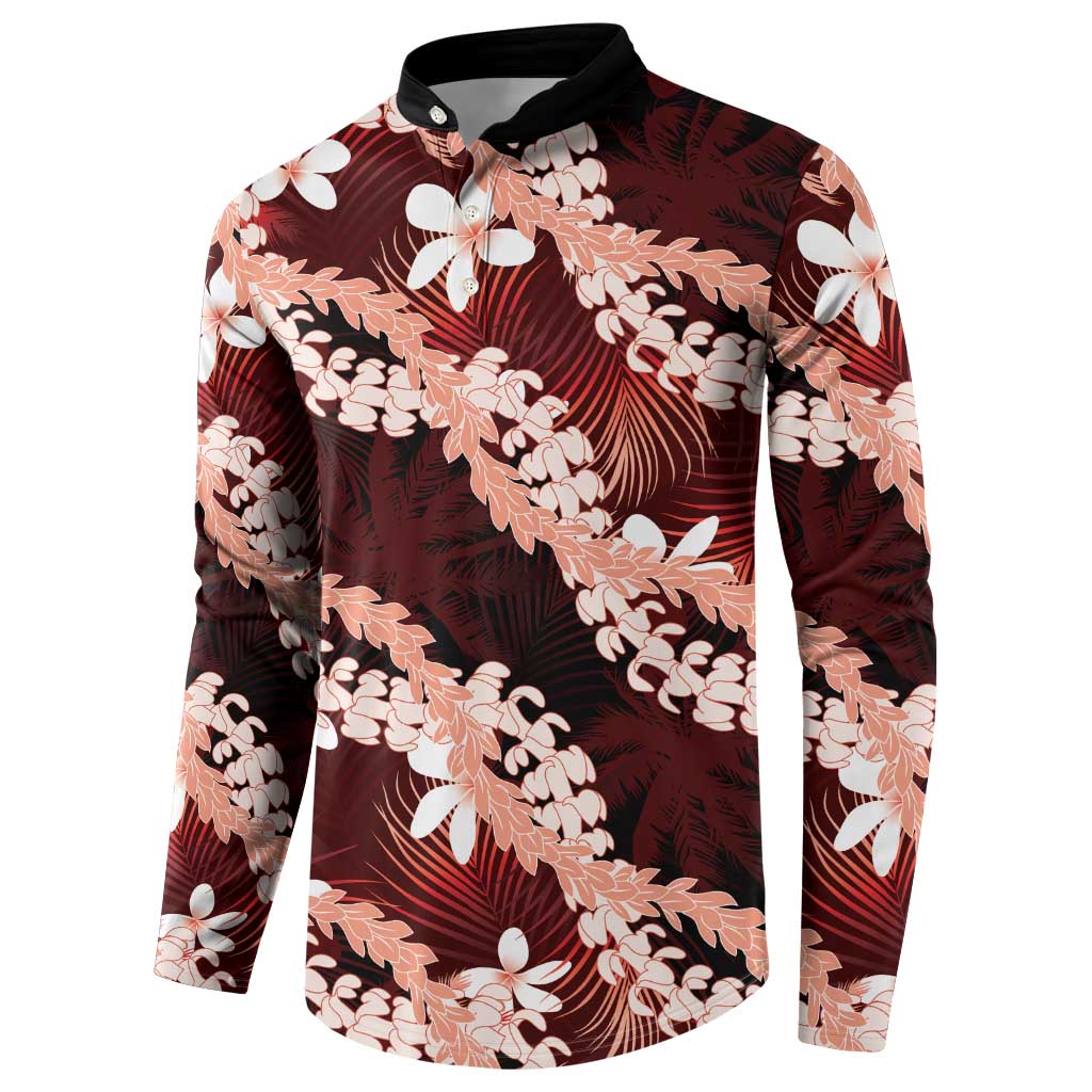 Puakenikeni Maile Lei Button Sweatshirt Frangipani Red Tropical Leaves