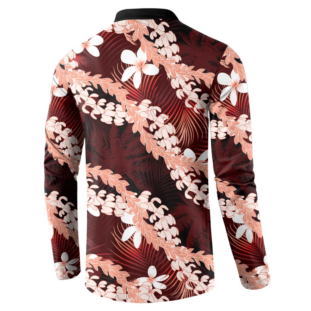 Puakenikeni Maile Lei Button Sweatshirt Frangipani Red Tropical Leaves