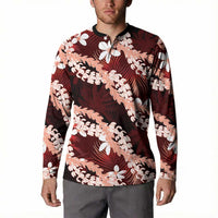 Puakenikeni Maile Lei Button Sweatshirt Frangipani Red Tropical Leaves