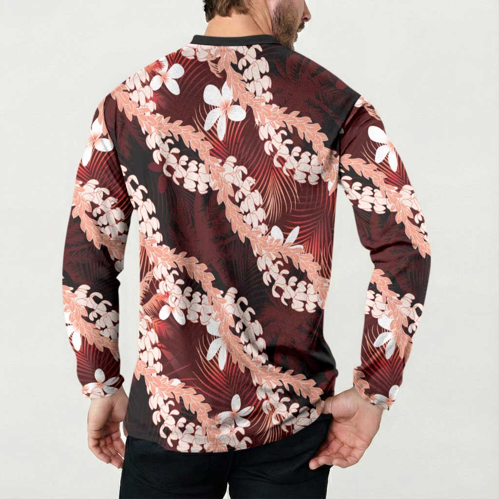 Puakenikeni Maile Lei Button Sweatshirt Frangipani Red Tropical Leaves