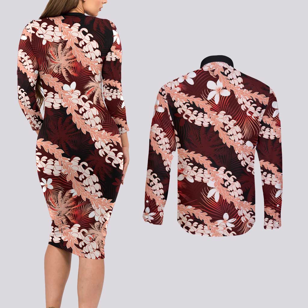 Puakenikeni Maile Lei Couples Matching Long Sleeve Bodycon Dress and Long Sleeve Button Shirt Frangipani Red Tropical Leaves