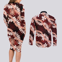 Puakenikeni Maile Lei Couples Matching Long Sleeve Bodycon Dress and Long Sleeve Button Shirt Frangipani Red Tropical Leaves