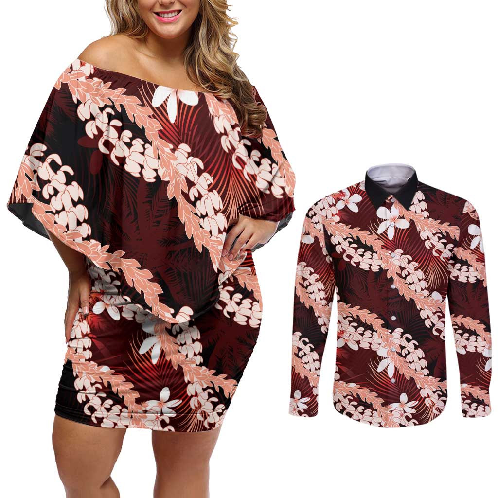 Puakenikeni Maile Lei Couples Matching Off Shoulder Short Dress and Long Sleeve Button Shirt Frangipani Red Tropical Leaves