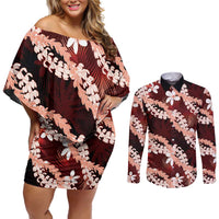 Puakenikeni Maile Lei Couples Matching Off Shoulder Short Dress and Long Sleeve Button Shirt Frangipani Red Tropical Leaves