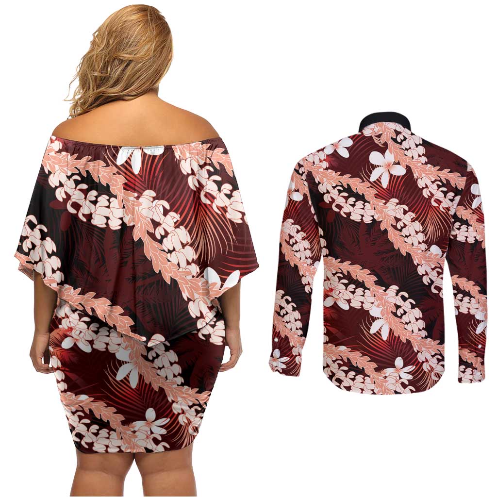 Puakenikeni Maile Lei Couples Matching Off Shoulder Short Dress and Long Sleeve Button Shirt Frangipani Red Tropical Leaves