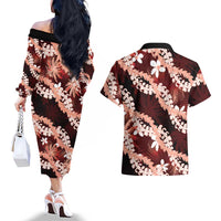 Puakenikeni Maile Lei Couples Matching Off The Shoulder Long Sleeve Dress and Hawaiian Shirt Frangipani Red Tropical Leaves LT01 - Polynesian Pride
