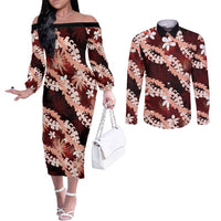 Puakenikeni Maile Lei Couples Matching Off The Shoulder Long Sleeve Dress and Long Sleeve Button Shirt Frangipani Red Tropical Leaves