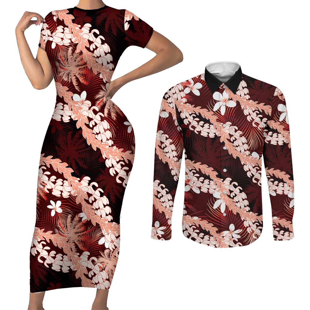 Puakenikeni Maile Lei Couples Matching Short Sleeve Bodycon Dress and Long Sleeve Button Shirt Frangipani Red Tropical Leaves