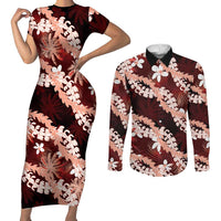 Puakenikeni Maile Lei Couples Matching Short Sleeve Bodycon Dress and Long Sleeve Button Shirt Frangipani Red Tropical Leaves