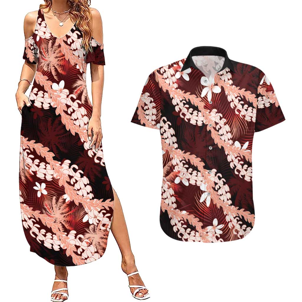 Puakenikeni Maile Lei Couples Matching Summer Maxi Dress and Hawaiian Shirt Frangipani Red Tropical Leaves