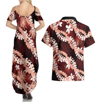 Puakenikeni Maile Lei Couples Matching Summer Maxi Dress and Hawaiian Shirt Frangipani Red Tropical Leaves