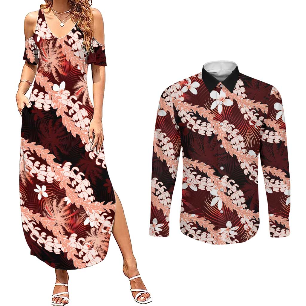 Puakenikeni Maile Lei Couples Matching Summer Maxi Dress and Long Sleeve Button Shirt Frangipani Red Tropical Leaves
