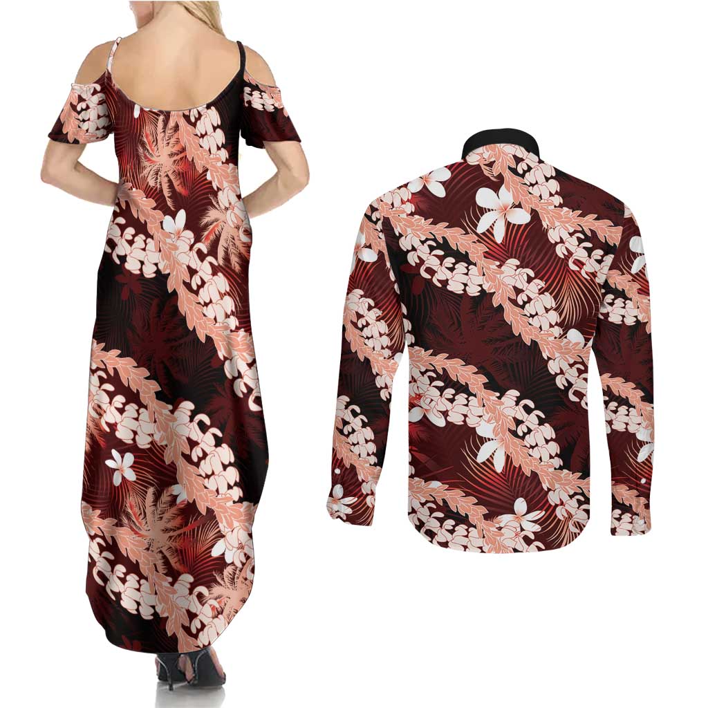 Puakenikeni Maile Lei Couples Matching Summer Maxi Dress and Long Sleeve Button Shirt Frangipani Red Tropical Leaves LT01 - Polynesian Pride