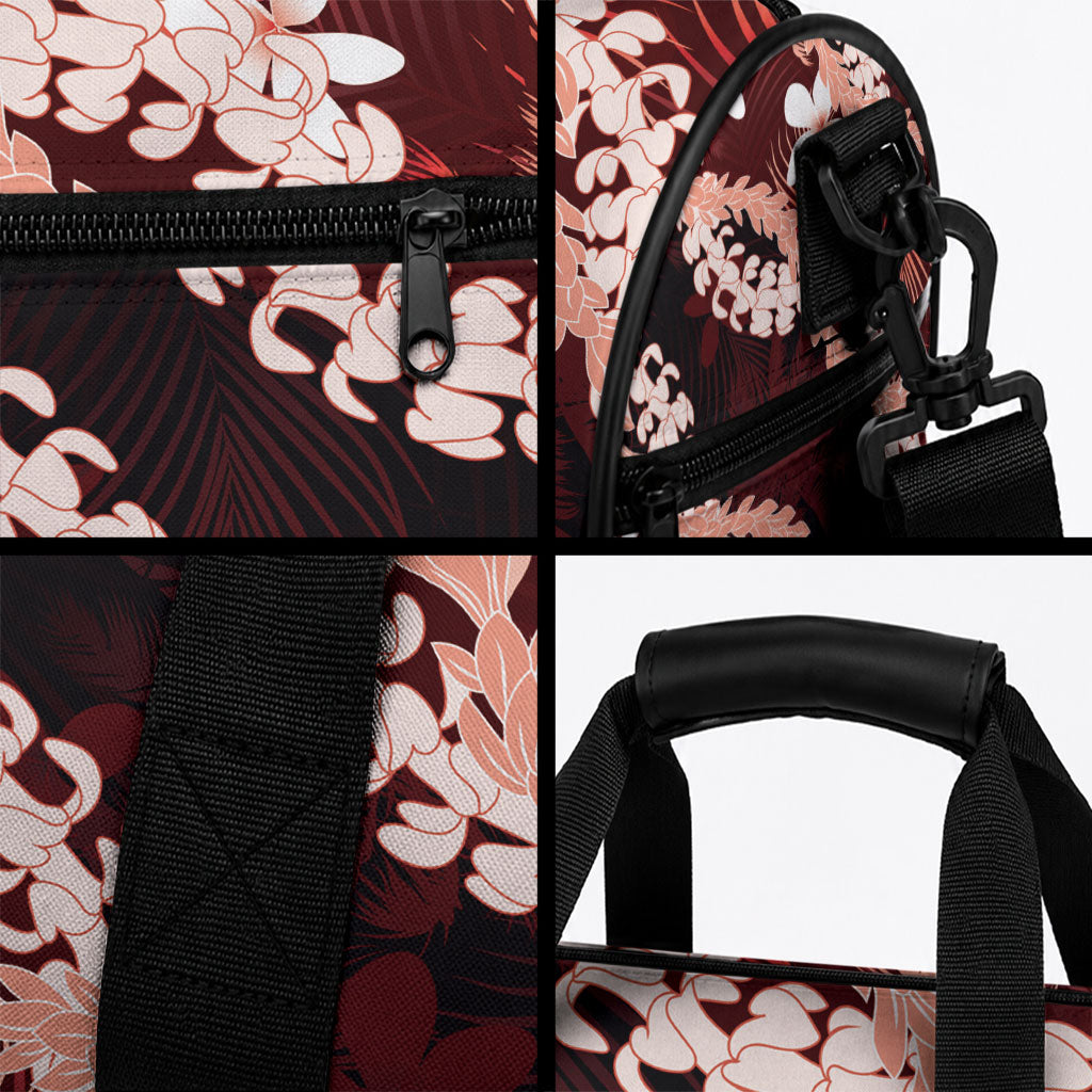 Puakenikeni Maile Lei Duffle Bag Frangipani Red Tropical Leaves LT01 - Polynesian Pride