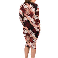 Puakenikeni Maile Lei Family Matching Long Sleeve Bodycon Dress and Hawaiian Shirt Frangipani Red Tropical Leaves LT01 - Polynesian Pride
