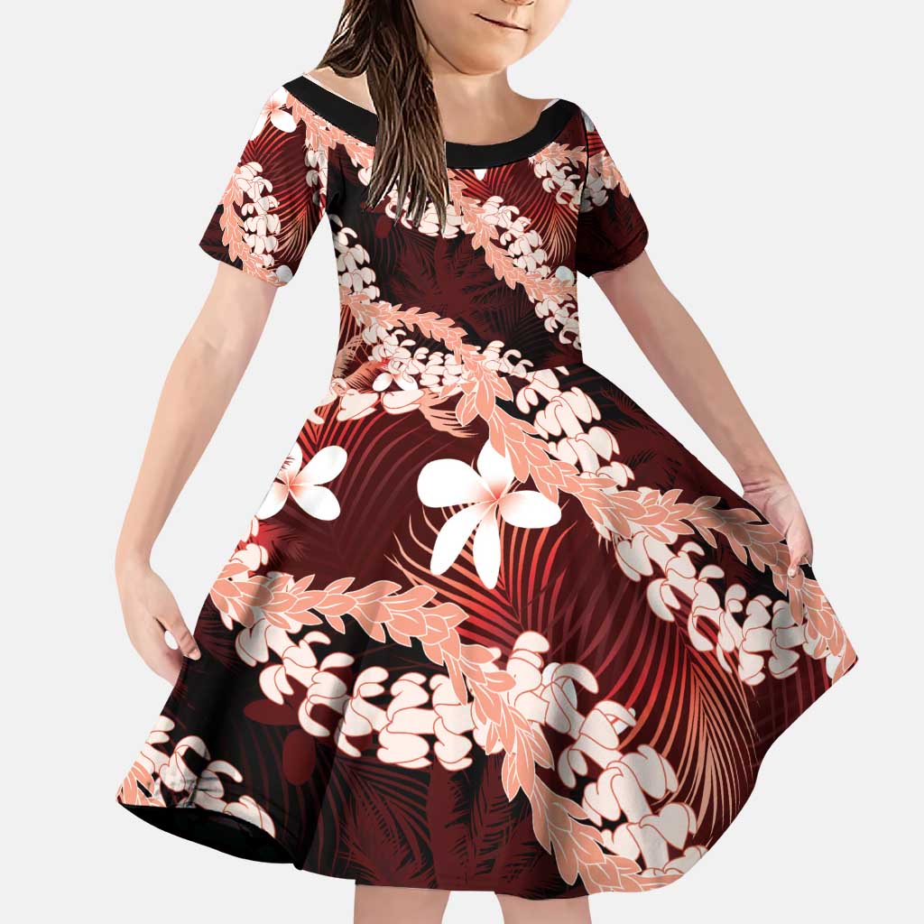 Puakenikeni Maile Lei Family Matching Mermaid Dress and Hawaiian Shirt Frangipani Red Tropical Leaves LT01 Daughter's Dress Red - Polynesian Pride