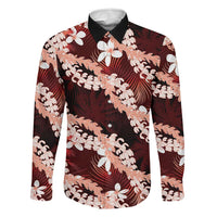 Puakenikeni Maile Lei Family Matching Off The Shoulder Long Sleeve Dress and Hawaiian Shirt Frangipani Red Tropical Leaves LT01 Dad's Shirt - Long Sleeve Red - Polynesian Pride