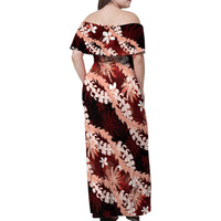 Puakenikeni Maile Lei Family Matching Off Shoulder Maxi Dress and Hawaiian Shirt Frangipani Red Tropical Leaves LT01 - Polynesian Pride