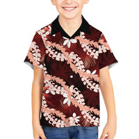 Puakenikeni Maile Lei Family Matching Off Shoulder Maxi Dress and Hawaiian Shirt Frangipani Red Tropical Leaves LT01 Son's Shirt Red - Polynesian Pride