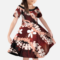 Puakenikeni Maile Lei Family Matching Off Shoulder Short Dress and Hawaiian Shirt Frangipani Red Tropical Leaves LT01 Daughter's Dress Red - Polynesian Pride