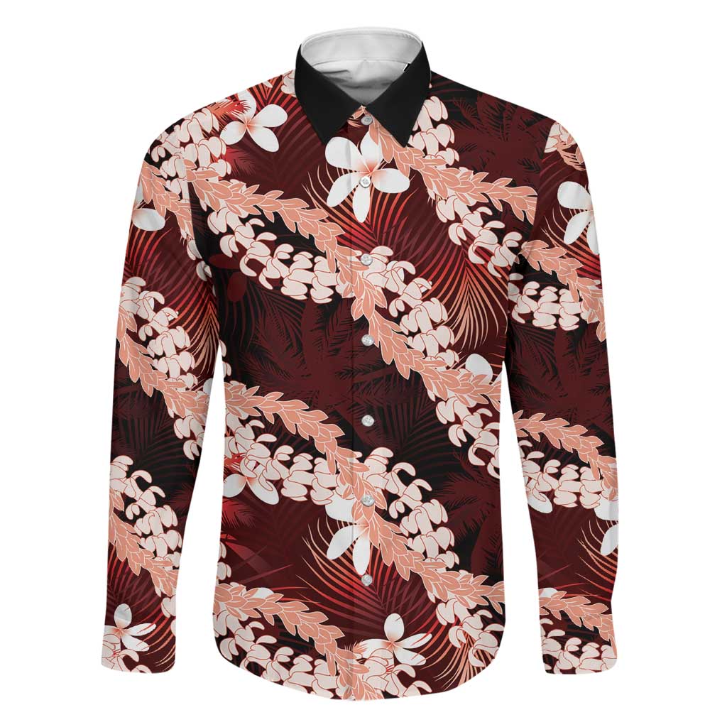 Puakenikeni Maile Lei Family Matching Puletasi and Hawaiian Shirt Frangipani Red Tropical Leaves LT01 Dad's Shirt - Long Sleeve Red - Polynesian Pride