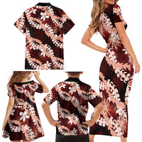 Puakenikeni Maile Lei Family Matching Short Sleeve Bodycon Dress and Hawaiian Shirt Frangipani Red Tropical Leaves LT01 - Polynesian Pride