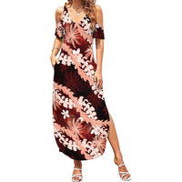 Puakenikeni Maile Lei Family Matching Summer Maxi Dress and Hawaiian Shirt Frangipani Red Tropical Leaves LT01 Mom's Dress Red - Polynesian Pride