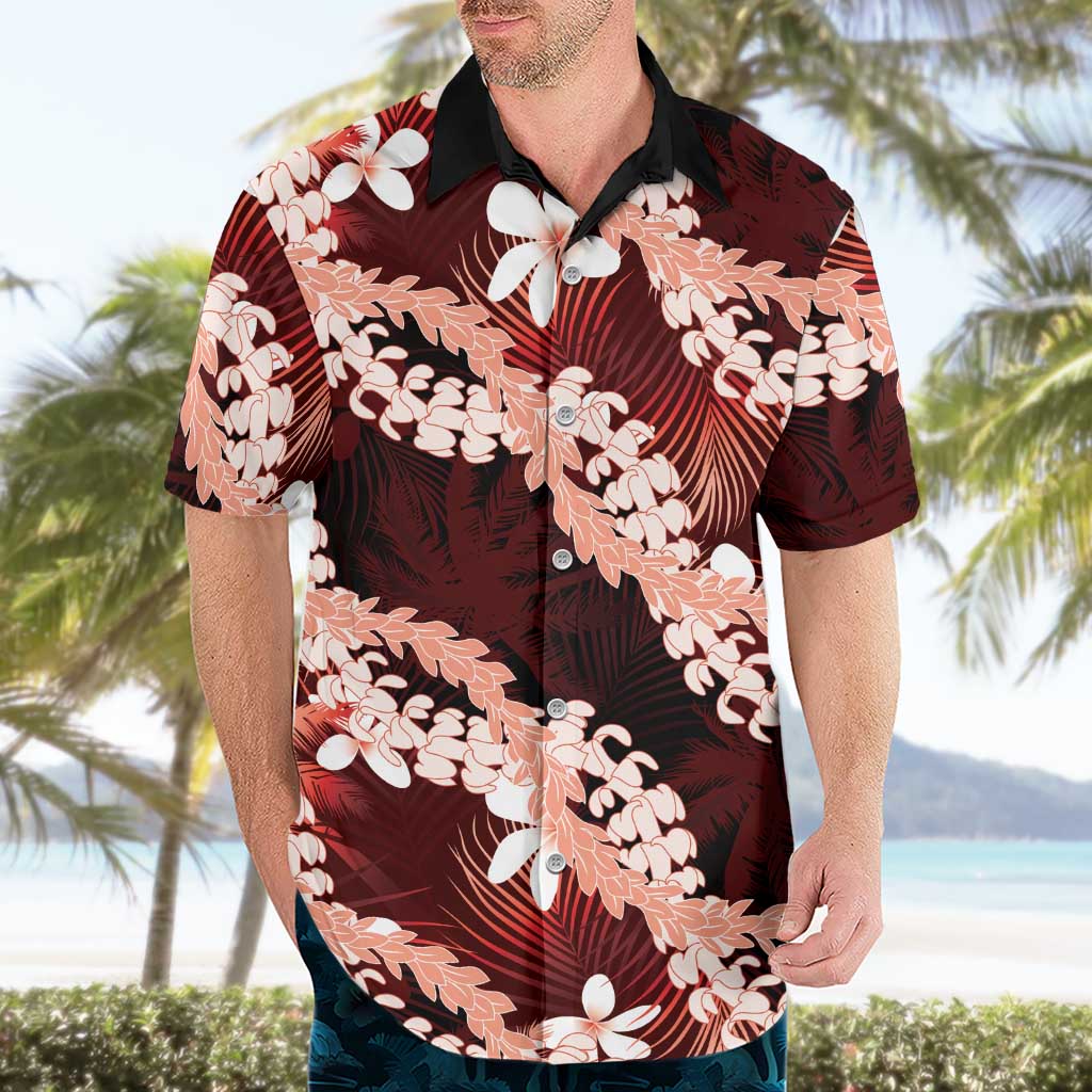 Puakenikeni Maile Lei Hawaiian Shirt Frangipani Red Tropical Leaves