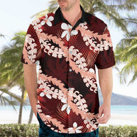 Puakenikeni Maile Lei Hawaiian Shirt Frangipani Red Tropical Leaves