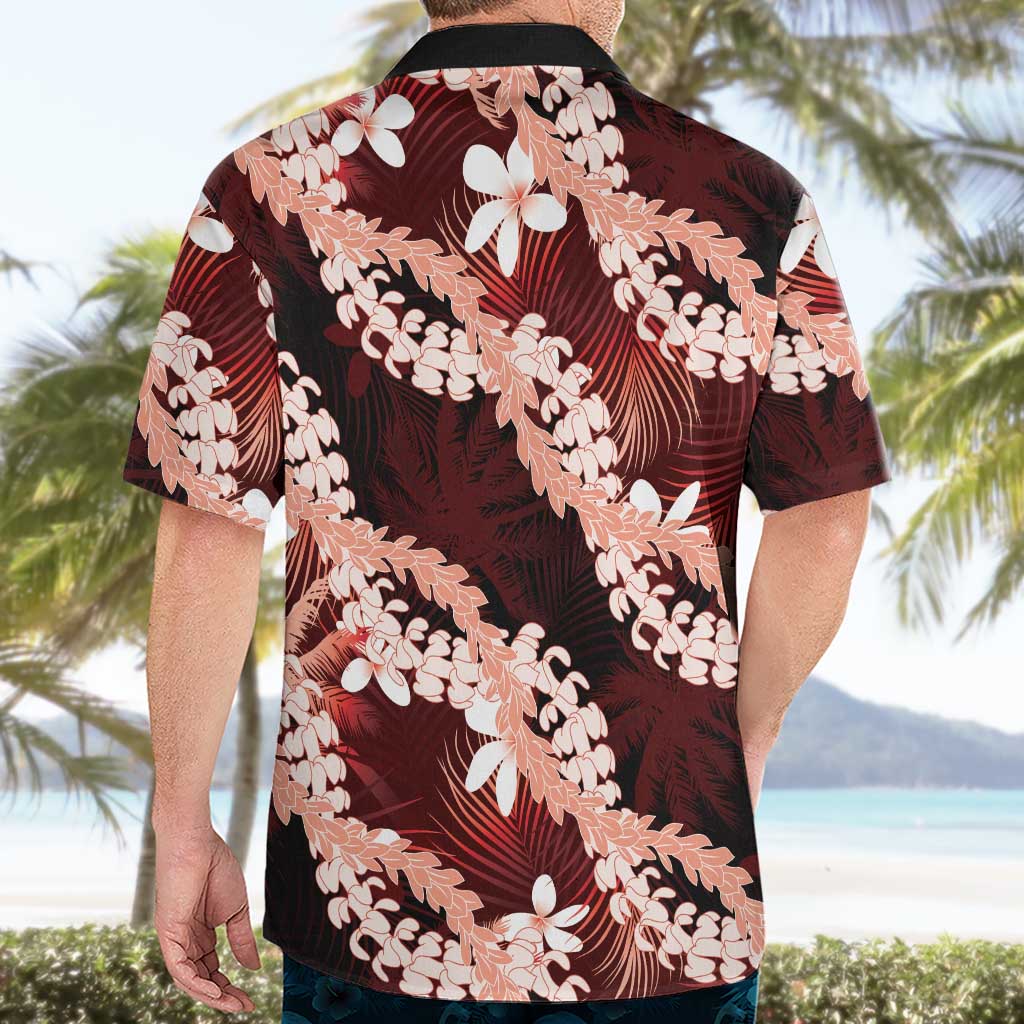 Puakenikeni Maile Lei Hawaiian Shirt Frangipani Red Tropical Leaves