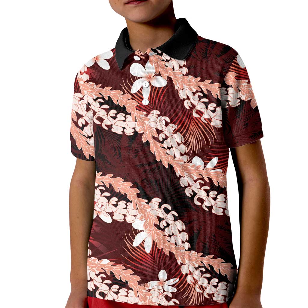 Puakenikeni Maile Lei Kid Polo Shirt Frangipani Red Tropical Leaves LT01 Kid Red - Polynesian Pride