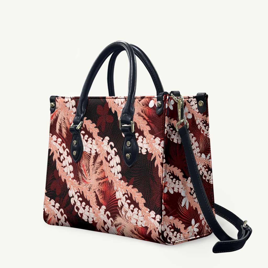 Puakenikeni Maile Lei Leather Bag Frangipani Red Tropical Leaves