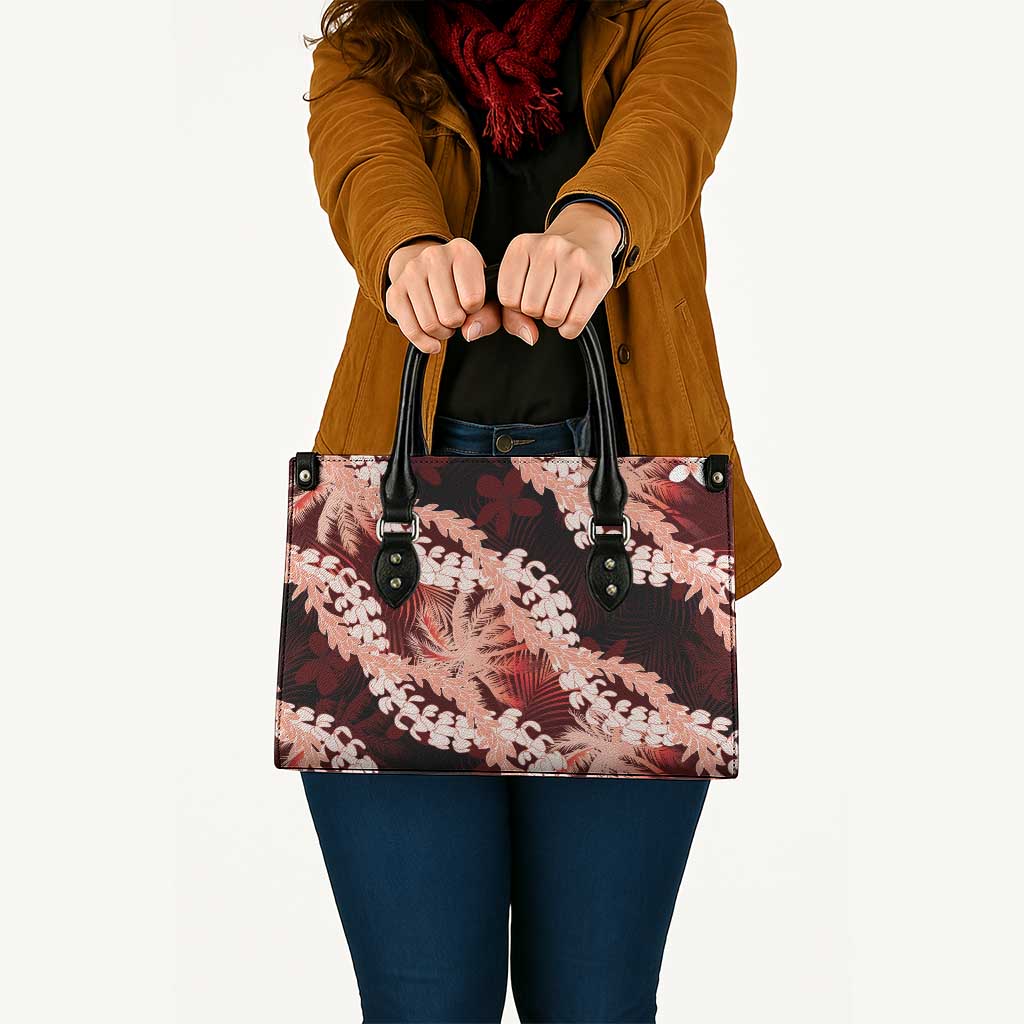 Puakenikeni Maile Lei Leather Bag Frangipani Red Tropical Leaves