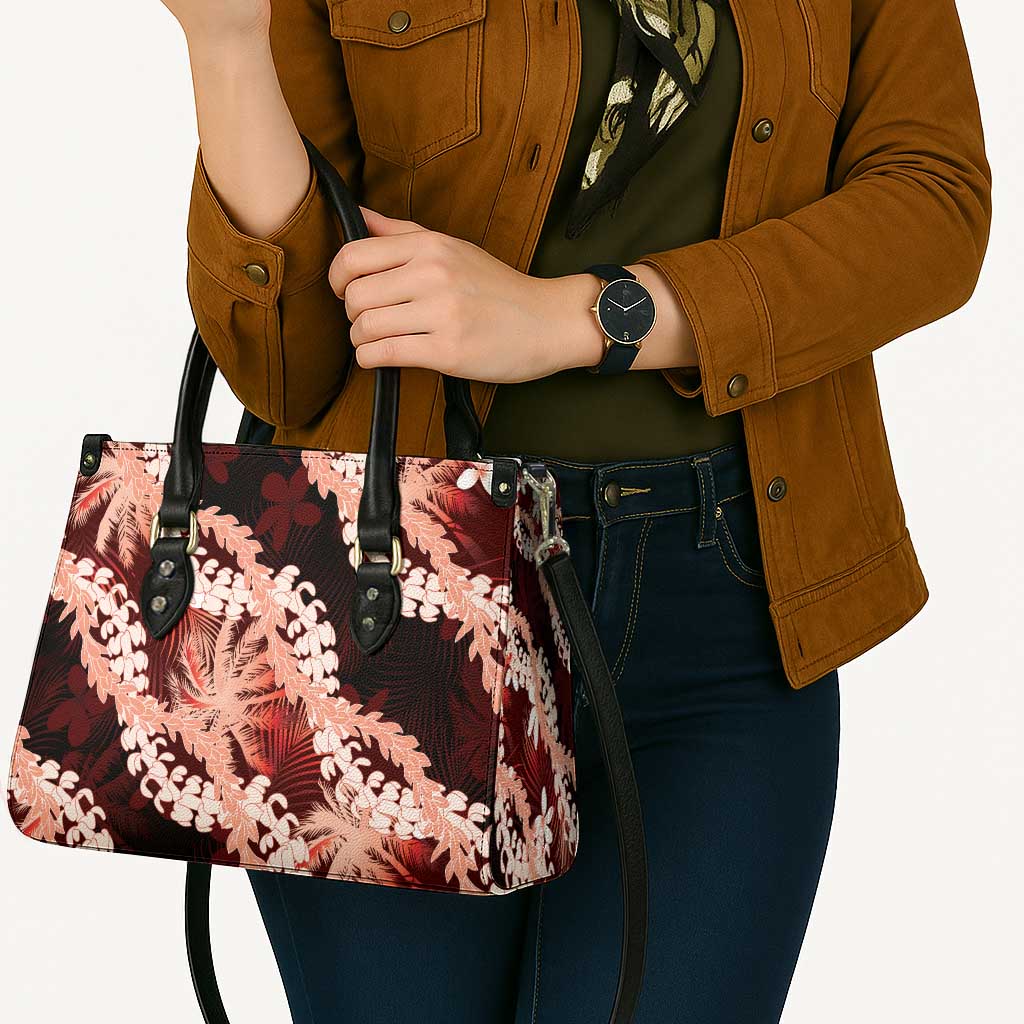Puakenikeni Maile Lei Leather Bag Frangipani Red Tropical Leaves