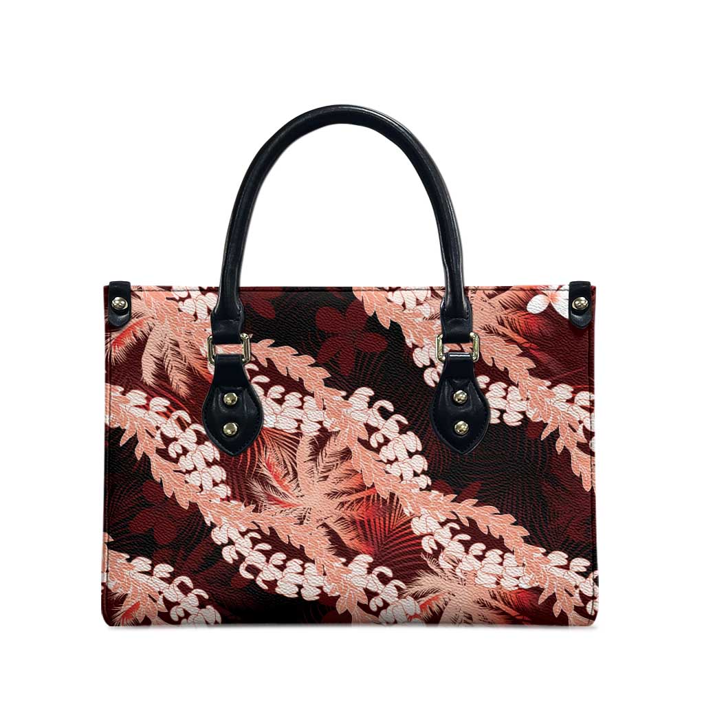 Puakenikeni Maile Lei Leather Bag Frangipani Red Tropical Leaves