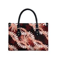 Puakenikeni Maile Lei Leather Bag Frangipani Red Tropical Leaves