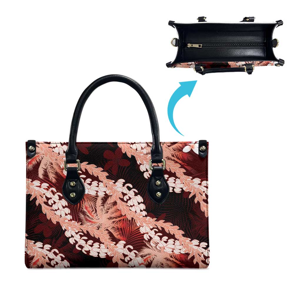 Puakenikeni Maile Lei Leather Bag Frangipani Red Tropical Leaves